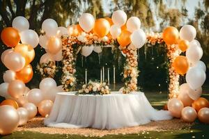 an outdoor wedding with orange and white balloons. AI-Generated photo