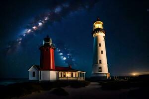 two lighthouses are lit up under the night sky. AI-Generated photo