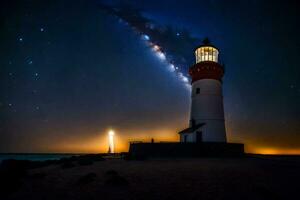 a lighthouse with a milky way in the background. AI-Generated photo