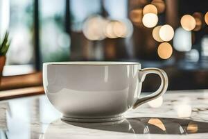 a white coffee cup sitting on a marble counter. AI-Generated photo