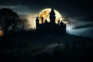 Víspera de Todos los Santos castillo en el oscuro con lleno Luna. generado por ai foto