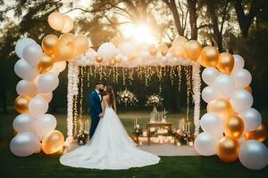 wedding couple kissing under a golden balloon arch. AI-Generated photo