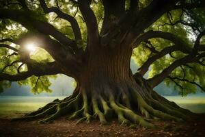 the sun shines through the roots of a large tree. AI-Generated photo