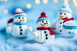 a group of snowmen in knitted hats and scarves. AI-Generated photo