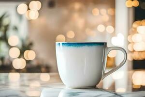 a coffee cup on a table in front of a bokeh background. AI-Generated photo