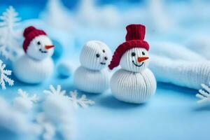 three snowmen are made out of knitted material. AI-Generated photo