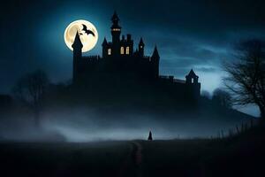 halloween castle in the fog with a full moon. AI-Generated photo