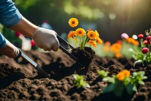 a person is digging soil with a shovel. AI-Generated photo