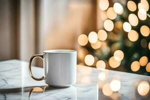 a white coffee cup on a marble counter in front of a christmas tree. AI-Generated photo