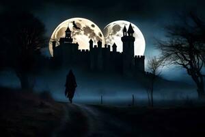 un hombre caminando en frente de un castillo con un lleno Luna. generado por ai foto