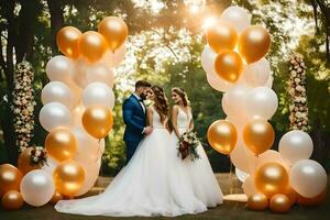 a bride and groom standing under a large arch of white and gold balloons. AI-Generated photo