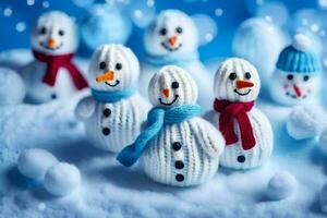 snowmen are made of yarn and are standing in a row. AI-Generated photo