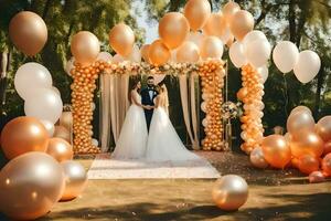 wedding ceremony with gold and orange balloons. AI-Generated photo