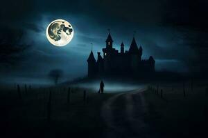 a man walks through a dark forest at night with a castle in the background. AI-Generated photo