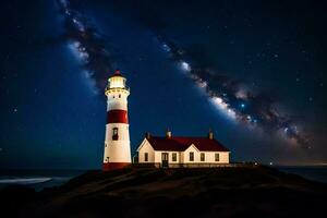 el lechoso camino terminado un faro. generado por ai foto