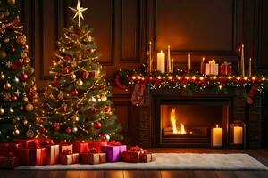 christmas tree and presents in front of fireplace. AI-Generated photo