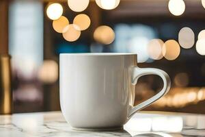 a white coffee cup sitting on a table in front of a bokeh background. AI-Generated photo