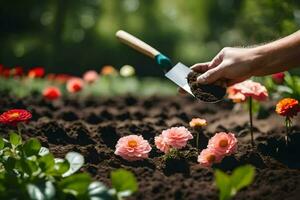 a person is using a shovel to dig dirt from a flower bed. AI-Generated photo