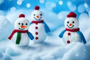 three snowmen are standing in the snow. AI-Generated photo
