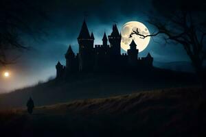 a castle in the dark with a full moon. AI-Generated photo
