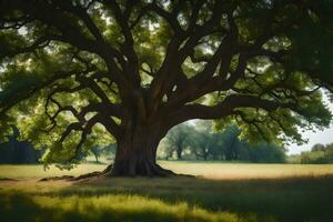 an old oak tree in a field with grass and trees. AI-Generated photo