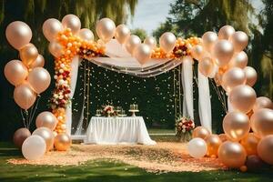 a wedding arch decorated with balloons and flowers. AI-Generated photo