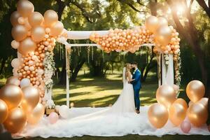 wedding couple in the park with balloons. AI-Generated photo