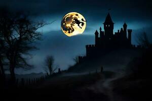 a castle in the dark with a full moon. AI-Generated photo