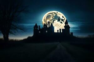 castillo en el oscuro con lleno Luna. generado por ai foto