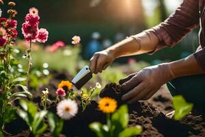 un mujer es utilizando un jardín herramienta a planta flores generado por ai foto