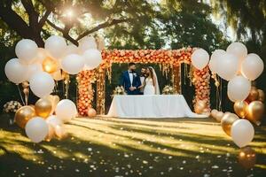 the bride and groom are standing under a white and gold arch with balloons. AI-Generated photo