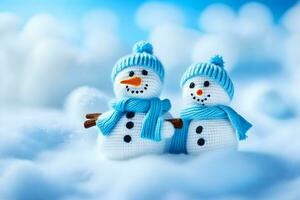 two snowmen wearing blue hats and scarves. AI-Generated photo