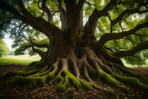 the roots of a large tree in the middle of a forest. AI-Generated photo