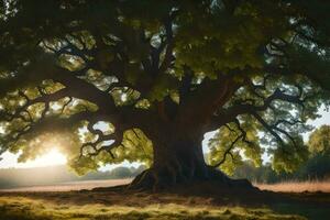 el Dom brilla mediante el árbol en el medio de un campo. generado por ai foto