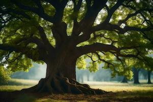 un grande árbol en el medio de un campo. generado por ai foto