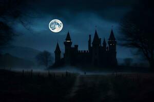 a castle in the dark with a full moon. AI-Generated photo