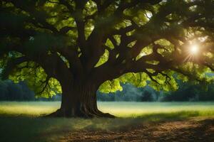 the sun shines through the leaves of a large tree. AI-Generated photo