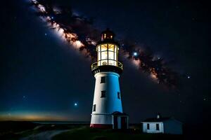 a lighthouse is lit up by the stars and the milky way. AI-Generated photo