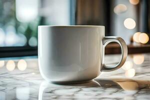 un blanco café taza sentado en un mármol encimera. generado por ai foto