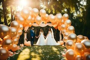 Boda Pareja en frente de un oro globo arco. generado por ai foto