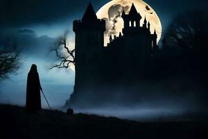 a man in a cloak walks in front of a castle with a full moon. AI-Generated photo