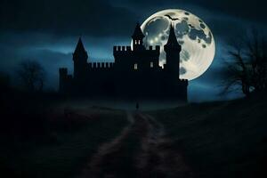 a castle in the dark with a full moon. AI-Generated photo