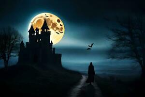 a witch walks towards a castle in the dark with a full moon. AI-Generated photo