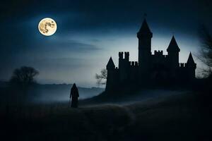 un hombre es caminando en frente de un castillo a noche. generado por ai foto