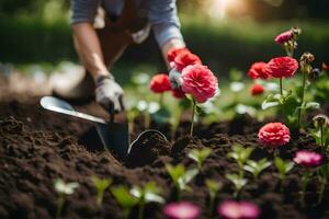 a person is digging flowers in the garden. AI-Generated photo