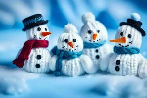 five snowmen are knitted together in a group. AI-Generated photo