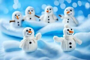 snowmen are made of knit fabric and are standing in a group. AI-Generated photo