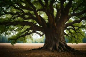 un antiguo roble árbol en el medio de un campo. generado por ai foto