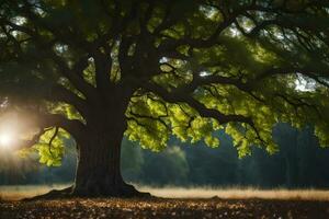 the sun shines through the leaves of a large tree. AI-Generated photo