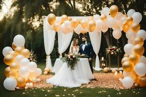 wedding couple under a golden and white balloon arch. AI-Generated photo